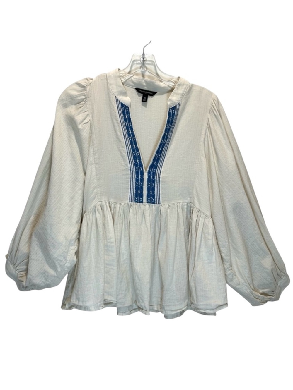 Banana Republic Ivory Textured Cotton Peasant Blouse w/ Blue Embroidery - Medium